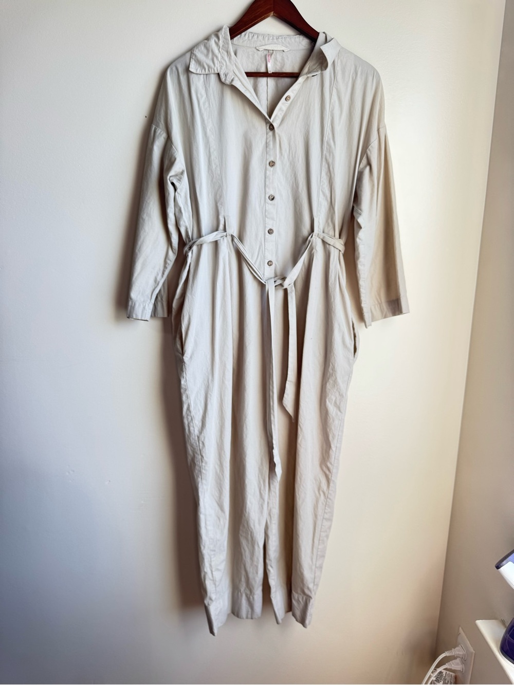 Free People Beige Utility Shirt Jumpsuit Tie Waist Long Sleeve XS